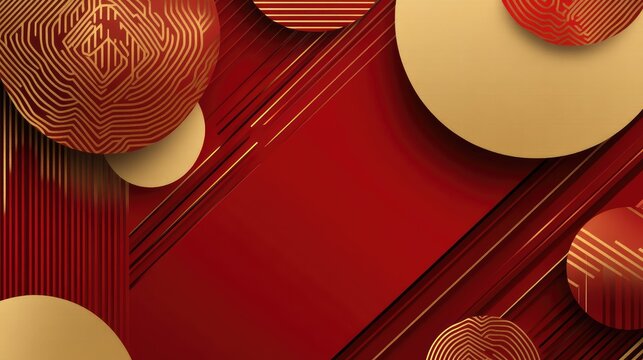 Modern Chinese New Year design with angular geometric patterns, combining rich red and gold tones for celebration.