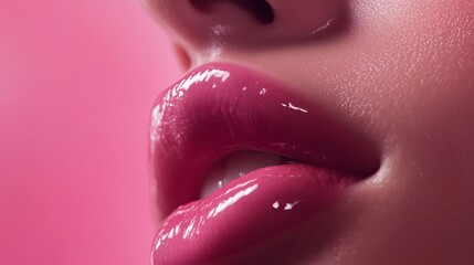 Woman's lips are painted with a bright pink color. The lips are very full and look very attractive