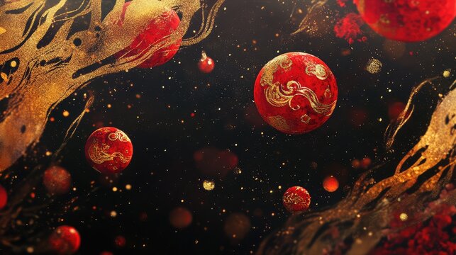 Modern Chinese zodiac abstract patterns with vibrant red and gold zodiac symbols floating in motion.