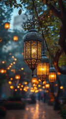 Canvas Print - Warm Glowing Lanterns Hanging In A Garden Setting For A Festive Ramadan Smartphone Wallpaper