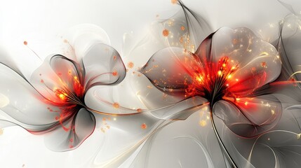 Fototapete - Modern design of abstract New Year flowers, with soft curves and glowing red and gold elements.