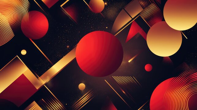 Modern Lunar New Year design with bold geometric shapes in red and gold tones and glowing highlights.