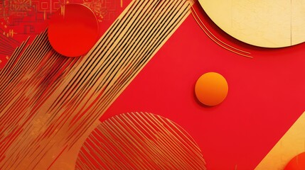 Fototapete - Modern minimalist Chinese New Year abstract composition with geometric red and gold patterns and symbolic elements.