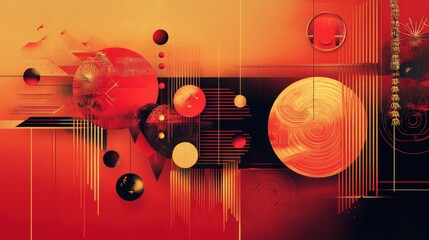 Fototapete - Modern minimalist Chinese New Year abstract composition with geometric red and gold patterns and symbolic elements.