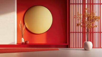 Fototapete - Modern minimalist Chinese New Year design with clean lines and red and gold accents representing wealth and renewal.