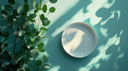 Empty white plate and eucalyptus branches on turquoise background with shadows.