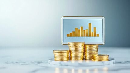 Poster - tablet displaying financial data with gold coins