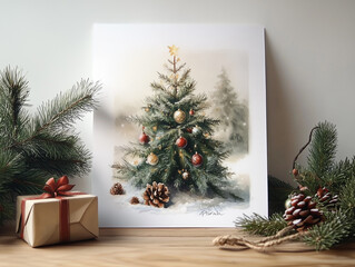 Watercolor Christmas tree illustration with festive decor