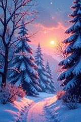 Poster - Snow-laden branches, twilight glow, winter serenity, image, january