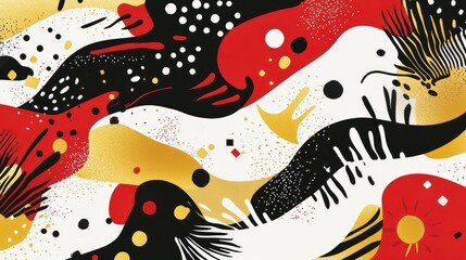 Fototapete - Playful abstract design with New Year celebration patterns, using red, gold, and white for a lively and joyful atmosphere.