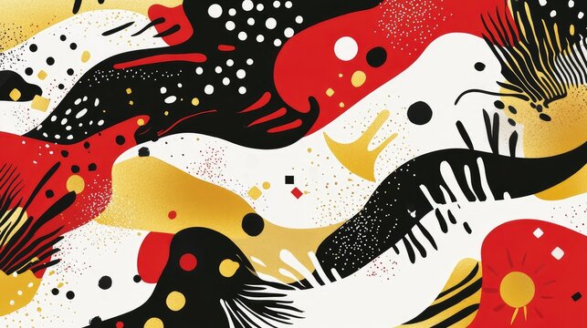 Playful abstract design with New Year celebration patterns, using red, gold, and white for a lively and joyful atmosphere.