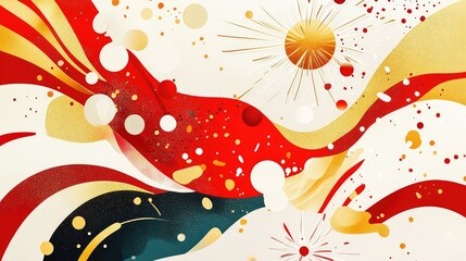 Fototapete - Playful abstract design with New Year celebration patterns, using red, gold, and white for a lively and joyful atmosphere.