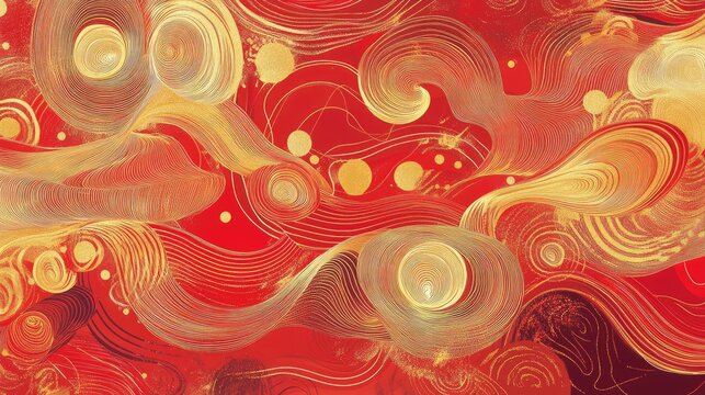 Playful hand-drawn abstract New Year design with swirling patterns in bold red and soft golden highlights.