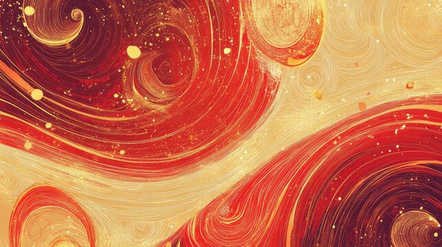 Playful hand-drawn abstract New Year design with swirling patterns in bold red and soft golden highlights.