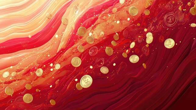Prosperity symbols like gold coins and lucky charms, floating in abstract, dynamic red and gold wave patterns.