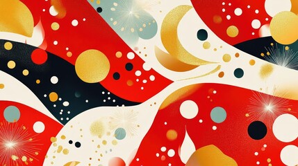 Fototapete - Playful abstract design with New Year celebration patterns, using red, gold, and white for a lively and joyful atmosphere.