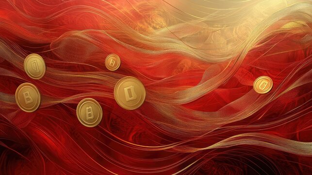Prosperity symbols like gold coins and lucky charms, floating in abstract, dynamic red and gold wave patterns.