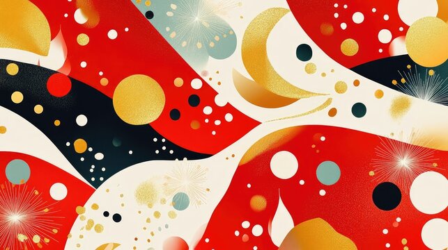 Playful abstract design with New Year celebration patterns, using red, gold, and white for a lively and joyful atmosphere.