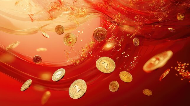 Prosperity symbols like gold coins and lucky charms, floating in abstract, dynamic red and gold wave patterns.