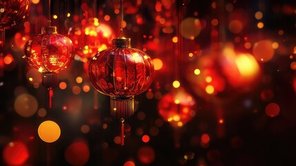 Fototapete - Radiant 3D abstract Chinese New Year art with glowing red and gold structures, symbolizing energy and renewal.