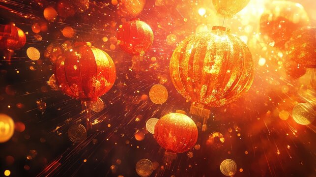 Radiant abstract Chinese New Year poster with glowing lanterns, coins, and fireworks in a red and gold composition.