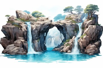 Poster - Minimalist waterfall art  blue tones and bright yellow accents on a clean white canvas