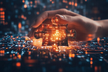 Aufkleber - hand is holding a puzzle piece with a glowing light on it. Concept of mystery and intrigue, as the puzzle piece seems to be a key to something important