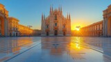 Sunrise over Duomo di Milano, reflecting on the square's wet pavement.