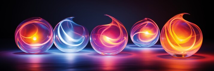 Poster - Radiant spheres  a dynamic display of luminous orbs in blue, purple, and orange on black