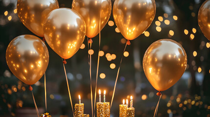 Wall Mural - Festive garden birthday celebration with golden balloons, lit candles and confetti making the atmosphere magical