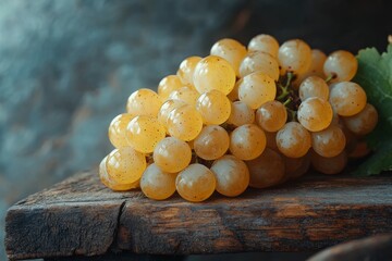 Wall Mural - Freshly harvested grapes resting on a rustic wooden table surrounded by green leaves