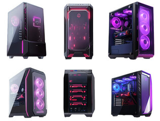 Poster - a collection of six modern computer cases designed for gaming and high-performance setups each case features sleek designs with rgb lighting. showcasing their interiors and cooling systems the aesthet