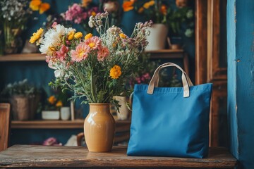 Poster - Beautiful blue bag beside a vintage vase filled with colorful flowers on a wooden table