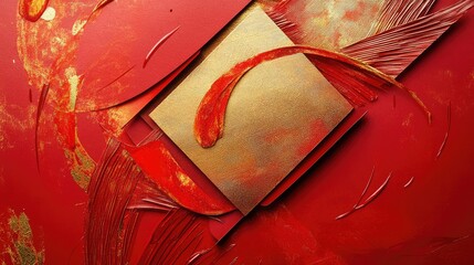 Sticker - Red envelope art with vibrant red textures and gold foil-like abstract patterns for a luxurious look.