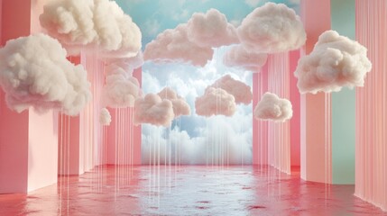 Wall Mural - pink room with fluffy clouds and pastel sky.