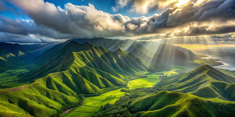 Wall Mural - Majestic mountains covered in vibrant green stretch across the horizon as sunlight breaks through dark clouds, illuminating the valley below in a tranquil scene