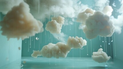 Wall Mural - surreal cloudscape with rain droplets in a room.