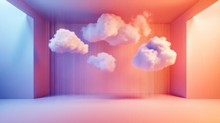 Wall Mural - surreal room with floating clouds, pastel colors, and soft lighting.