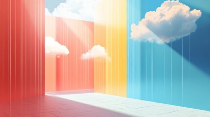 Wall Mural - colorful room with clouds and sunbeams.