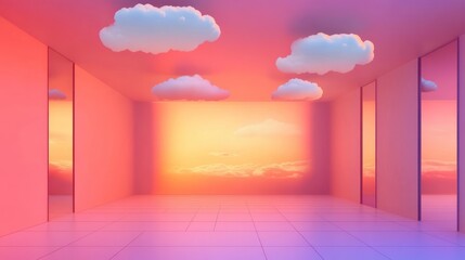 Wall Mural - surreal pink room with clouds and sunset view.