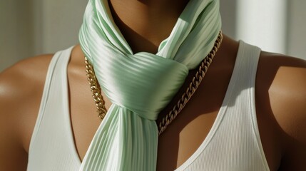 Wall Mural - Elegant mint green scarf with layered necklace on a fashionable individual in natural light