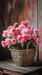 Wall Mural - Beautiful pink flowers in a wicker basket on a wooden surface with dark background