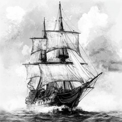 Wall Mural - Monochrome drawing of a majestic sailing ship at sea under a cloudy sky.