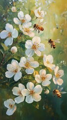 Wall Mural - white flowers bloom in a lush green field during late spring morning