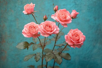 Wall Mural - Beautiful pink roses in full bloom against a teal background