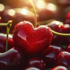 Wall Mural - Heart-shaped cherry among fresh cherries illuminated by morning sunlight