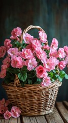 Wall Mural - Beautiful pink flowers in a wicker basket on a wooden surface with dark background