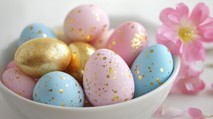 Wall Mural - Colorful decorative eggs in a bowl with floral accents for Easter celebration