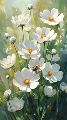 Poster - White flowers bloom in a lush green field during late spring morning