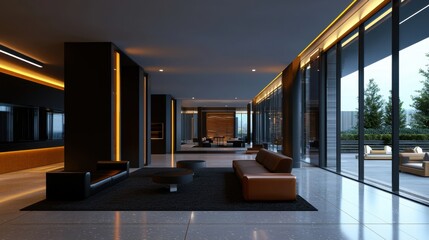 Poster - A large living room with a fireplace and a couch
